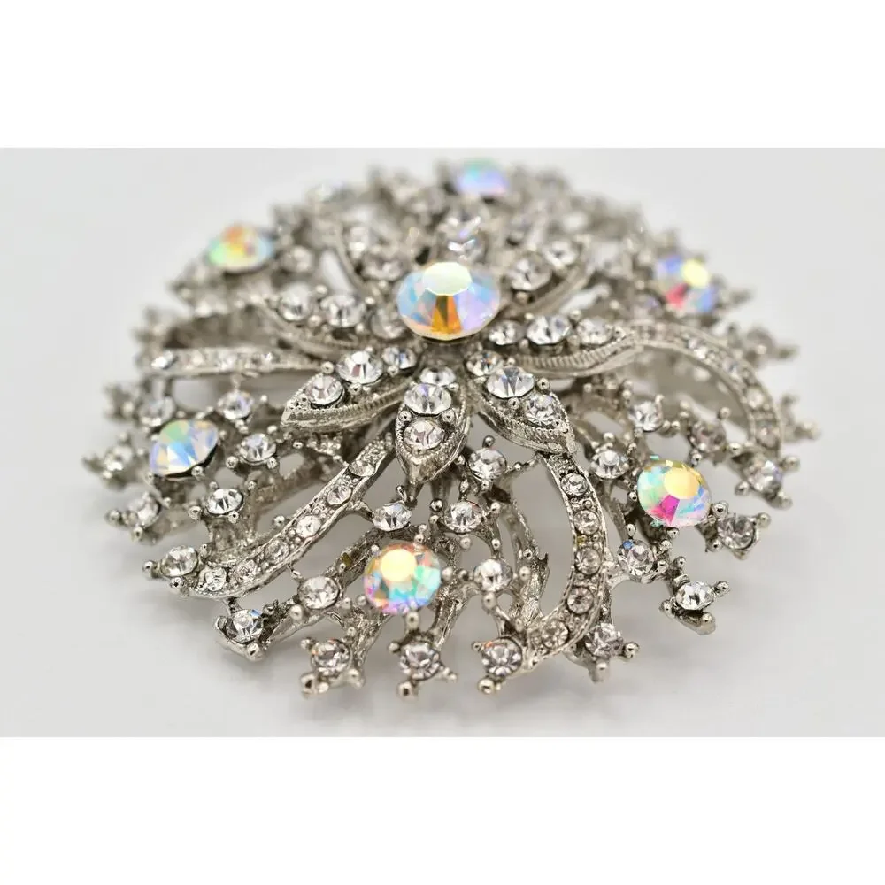 Vintage AB Aurora Borealis Rhinestone Flower Burst Brooch Pin Crystal Y2K A26